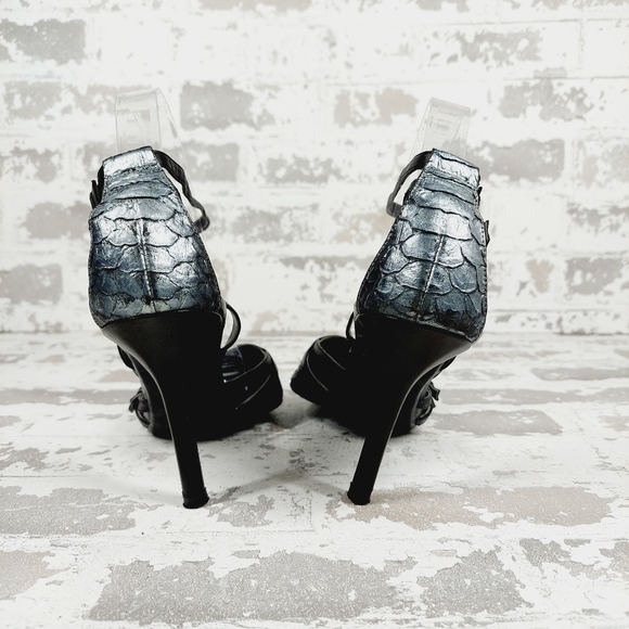 Jazz Metallic Black Blue Pointy Toe Ankle Strap Buckle Crocodile Skin Heels O623 - Picture 6 of 13